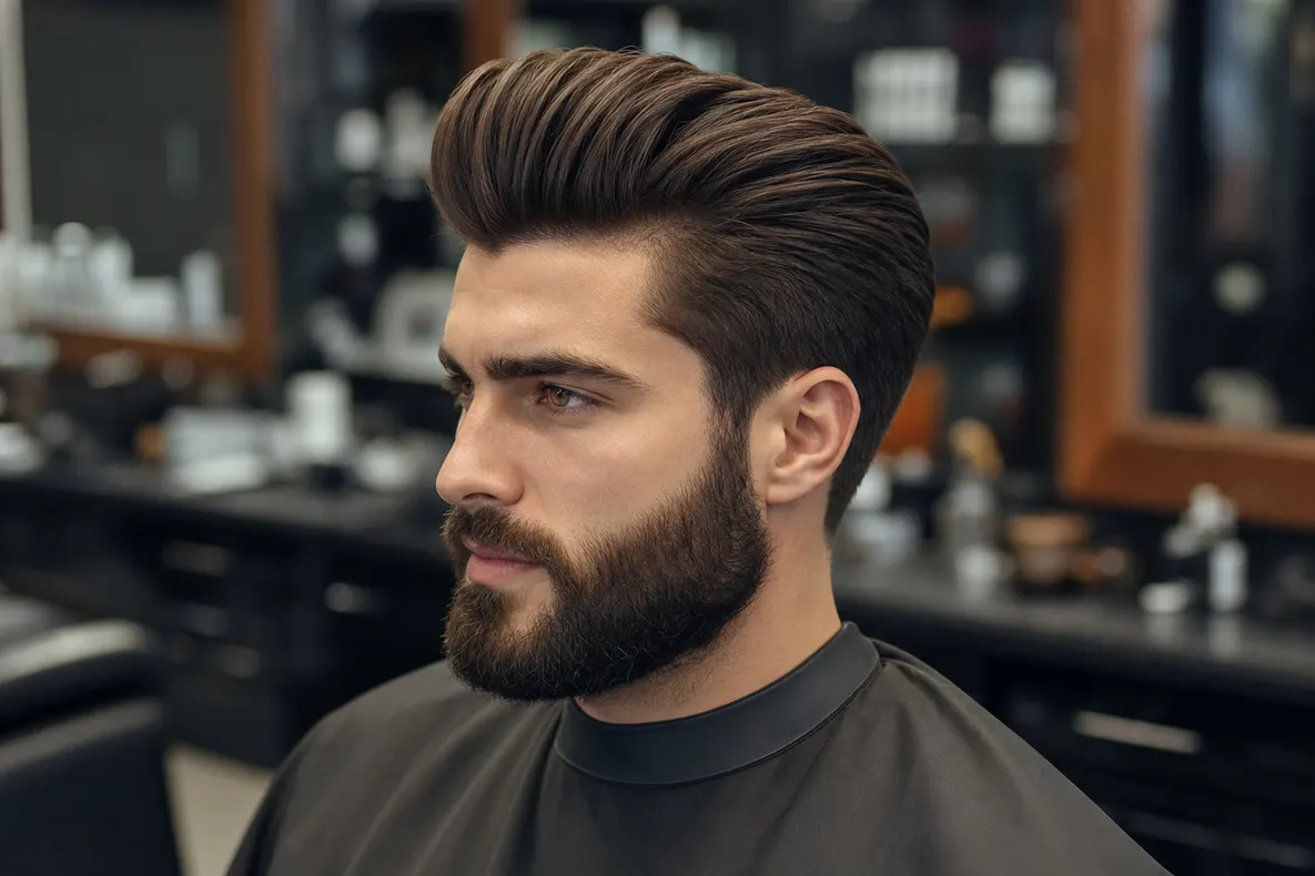Pompadour + barbe — coupe homme et taille de barbe à domicile